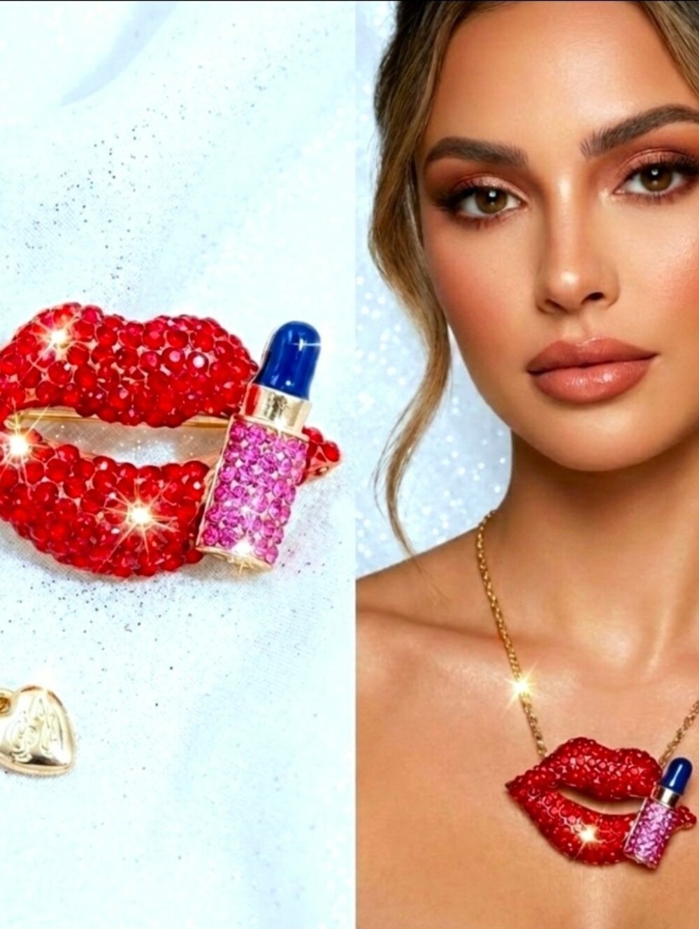 Red pink blue lipstick kiss lips necklace necklace/brooch